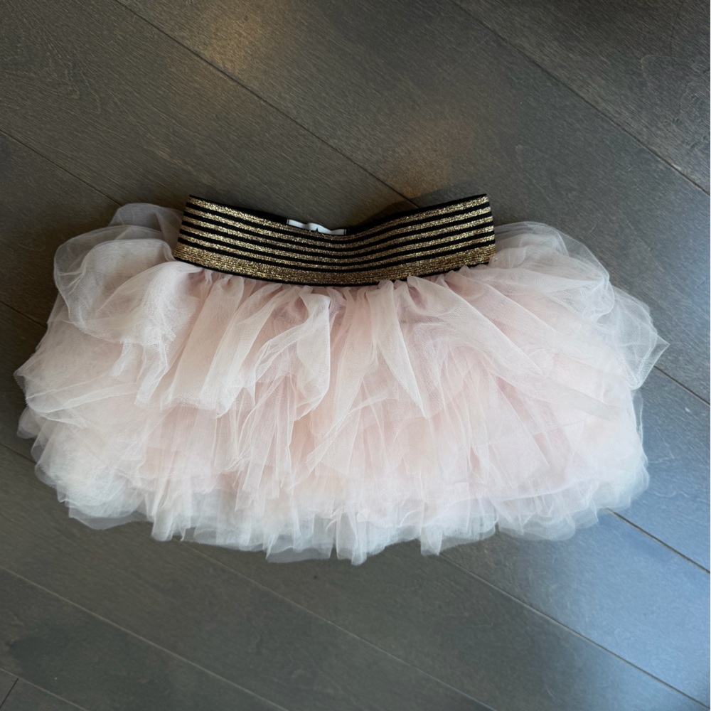 Girls Pink Layered Tulle Skirt with Gold Trim Waistband - Picture 5 of 11